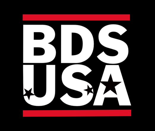 text graphic stacks the letters 'BDS' above 'USA'. there are thick red lines above 'BDS' & below 'USA', in a nod to the famous RUN-DMC logo.