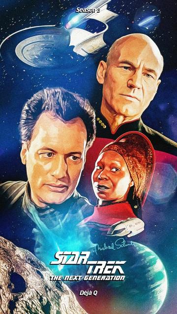 A poster for the Star Trek Enterprise episode Déjà Q, featuring the faces of Picard, Q, and Guinan against a background of the Enterprise-D flying above a planet and an asteroid.