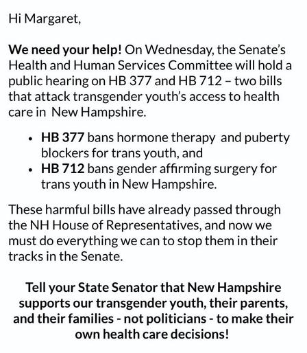 Screenshot of an email message:

Hi Margaret,
We need your help! On Wednesday, the Senate's Health and Human Services Committee will hold a public hearing on HB 377 and HB 712 - two bills that attack transgender youth's access to health care in New Hampshire.
• HB 377 bans hormone therapy and puberty blockers for trans youth, and
• HB 712 bans gender affirming surgery for trans youth in New Hampshire.
These harmful bills have already passed through the NH House of Representatives, and now we must do everything we can to stop them in their tracks in the Senate.
Tell your State Senator that New Hampshire supports our transgender youth, their parents, and their families - not politicians - to make their own health care decisions!