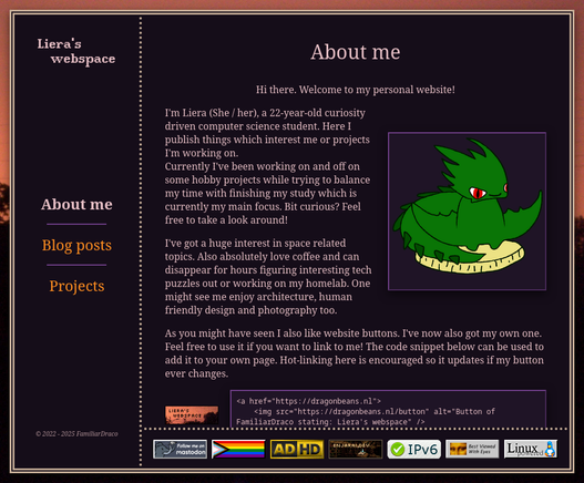 My personal website with an orange combined with dark purple color style. Page has the style of an non-cooperate website from older days with buttons included. Visit at https://dragonbeans.nl to read it's contents.