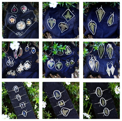 A grid of 9 photos depicting all the available jewelry in each category and their number to choose. They are made of stained glass and contain real pressed plants: flowers, ivy, ferns. There are necklaces, earrings and bracelets.