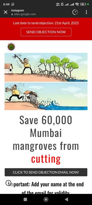 Save 60,000 Mumbai mangroves from cutting

Click to send objection email now! 

Last date to send objection: 21st April
