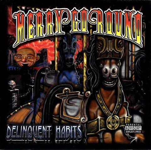 Delinquent Habits – Merry Go Round brings West Coast Latino rap vibes with a twisted carnival-themed album cover. With heavy lowrider culture influence, graffiti-style lettering, and surreal carousel horses, this artwork mirrors the gritty, playful chaos in their sound.