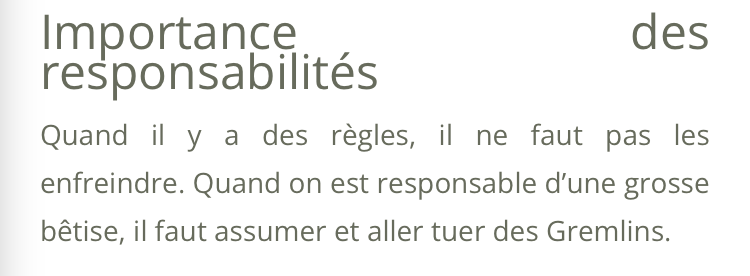 Capture d'un site web
Titre : Importance des responsabilités
Paragraphe : Quand il y a des règles, il ne faut pas les enfreindre. Quand on est responsable d'une grosse bêtise, il faut assumer et aller tuer des Gremlins