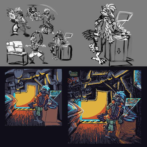 The recent cybirbpunk pixelart commission process in 4 steps : thumbnails, sketch, quick base colors + background in pixels, detailing until done