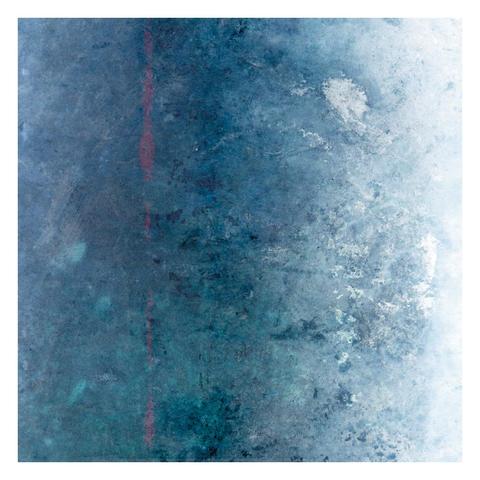 abstract artwork - a textured surface in shades of blue, paler toward the right, darkest to left of centre. A thin, pale, fragmented pink stripe runs vertically about one third of the way in from the left edge.