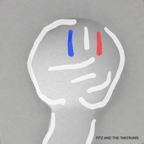 Animal Crossing: New Horizons recreation of the album cover for Fitz and the Tantrums' self-titled album. The image is largely in black and white with a white background and a greyscaled Animal Crossing villager center to the image. The hand is outlined in white with three lines beginning across the fingerless hand in red, white, and blue from right to left. The name of the band is in the lower right hand corner in all capital black text.