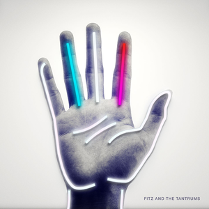Album cover for Fitz and the Tantrums' self-titled album. The cover is largely in black and white with a white background and a greyscaled hand center to the image. The hand is outlined in white with three of the fingers beginning with the index going to the left have lines across the fingers in red, white, and blue. The name of the band is in the lower right hand corner in all capital black text.
