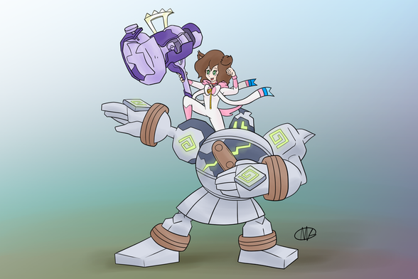 Golurk, a Ground/Ghost type Pokémon, is a haunted automaton striking a pose with arms extended. Atop the Golurk's shoulder, is a fluffy haired trainer wearing a Sylveon onesie. This trainer is holding a huge hammer that typically belongs to Tinkaton.