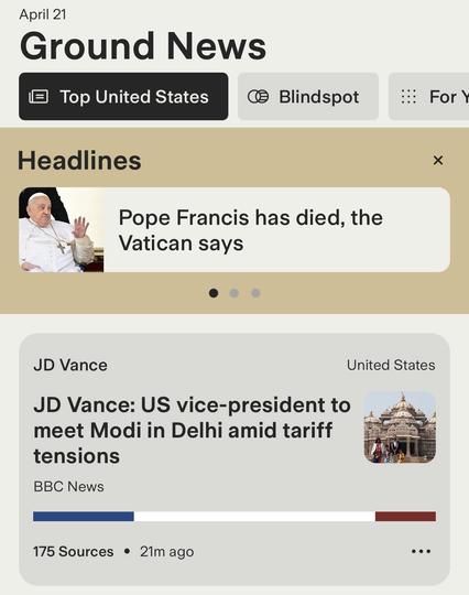Two news headlines next to each other. The first says the pope has died and the second says JD Vance is about to meet the prime minister of India.