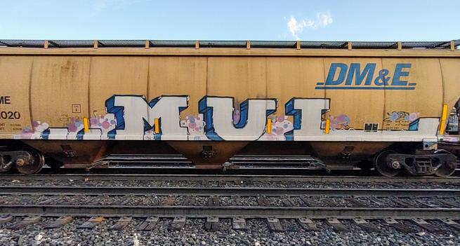 Train car with graffiti rolling through Kamloops BC Canada