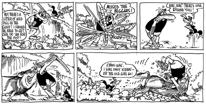 1. Wal stabds wuth a opuece of 4x4 over some piglets 'HEY, THERE'S A LITTER OF WILD PIGS IN THE GULY ! I SHOULD BE ABLE TO GET ONE OF 'EM FOR THE POT!'

2. Piglest scatter as Wal swipes 'MISSED THE BEGGARS!'

3. Dog jums excitedly 'WAL', WAL! THERE'S ONE BEHIND YOU!'

4. An enormous sow stares Wal in the face

5. Dog chase Wal, who is riding (inadvertantly ) on the sow 'C'MON WAL'
I WAS ONLY KIDDIN' - LET THE OLD GIRL 60!'