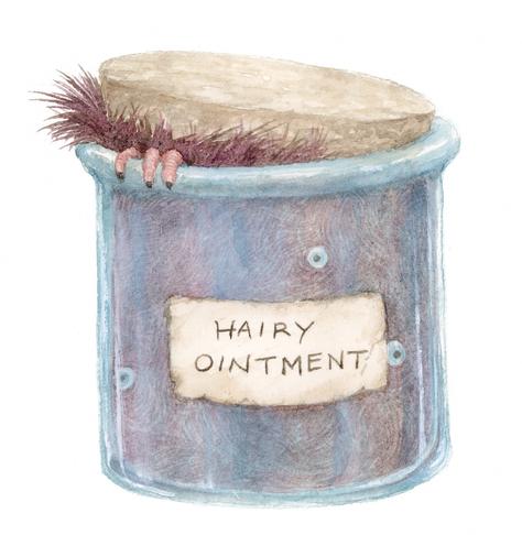 painting of a glass jar with a cork lid being pushed open by something inside. The thing inside seems to be made of hair and eyes. The label says 'hairy ointment'.