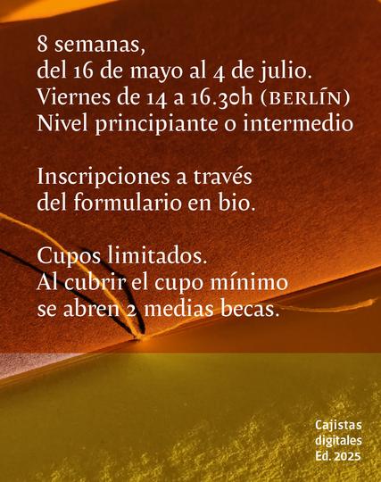 8 semanas
del 16 de mayo al 4 de julio
https://docs.google.com/forms/d/e/1FAIpQLSdttg1d9QLP2E3F_tNstEnP7r7NjJXiqRPGuCwx7LZXIUw8tA/viewform?usp=sharing