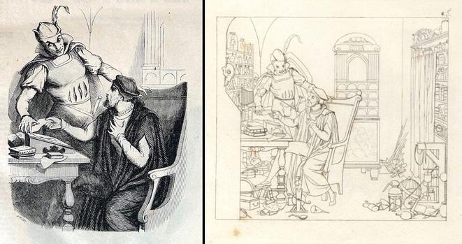 Das Bild vergleicht die Zeichnungen von Moritz Retzsch und Édouard Frère der Paktszene in Goethes Faust. Faust sitzt in einem Sessel vor seinem Schreibtisch in seinem Arbeitszimmer, Mephisto steht hinter ihm. Faust reicht Mephisto die von den ihm unterschriebenen Vertrag. Rechts ist die Zeichnung von Moritz Retzsch abgebildet, links die Kopie von Édouard Frère.