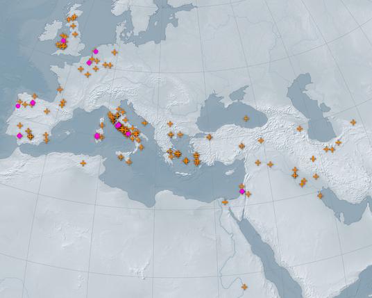 A terrain map with orange markers indicating updates and pink circles indicating new place resources. The map spans west to east: the Iberian Peninsul to the Strait of Hormuz. From north to south, it spans: the British Isles to the southern Red Sea.