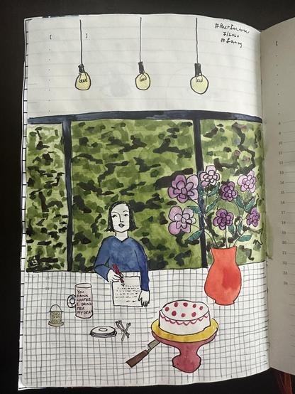Sketch in sketchbook of me writing with a fountain pen. It shows my new mug which has the text “you drink coffee, I drink tea my dear” which I’m thoroughly enjoying as it’s a whopping 450ml glass.