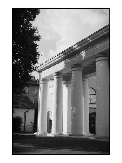 The image depicts a classical architectural structure with a series of tall, white columns supporting a roof. The columns are evenly spaced and have a smooth, cylindrical shape with a slight taper towards the top, characteristic of classical architecture. The building features a pediment above the columns, and there is a large arched window visible on the right side. The structure is set against a backdrop of a cloudy sky, with shadows cast by the columns and trees visible on the ground. To the left, there is a smaller building with a sloped roof and a visible gutter, and a tree with dense foliage is partially visible in the foreground. The photograph is in black and white, which enhances the contrast and texture of the scene.