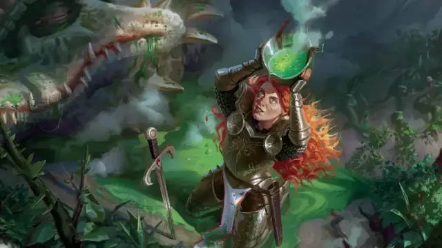 Official DnD 2024 artwork, featuring a female adventurer holding up a bowl filled with a magical green potion.