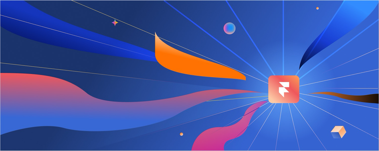 Framer logo centered in a vibrant blue digital landscape with flowing orange, pink, and purple gradient shapes radiating outward. Abstract design elements including small geometric shapes and radiating lines create a dynamic, modern tech aesthetic.