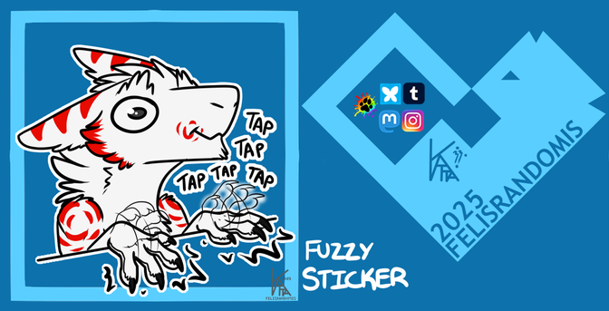 Digital art of a sergal character made for telegram/discord stickers. He's tapping excitedly on a counter with both paws
