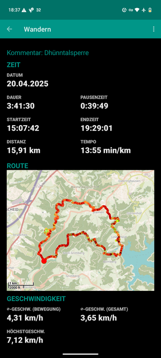Meine mit der App FITOTRACK aufgenommen Daten der Wanderung als Bildschirmkopie des Telefons.