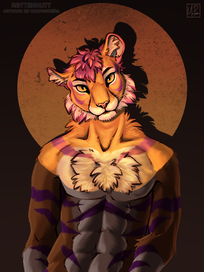 A tiger with purple stripes sits in a dark space. His face and upper chest are brightly lit by a warm spotlight