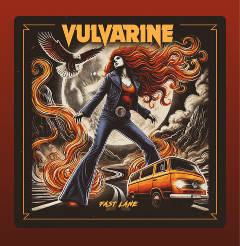 The album cover for Fast Lane by Vulvarine features a striking, retro-inspired illustration. At the center stands a powerful, red-haired woman in a dynamic pose, dressed in a leather jacket and flared jeans. Her fiery hair flows dramatically, blending with swirling flames that surround her and the scene. Behind her, a full moon illuminates a rugged mountain landscape and a winding highway. An eagle soars in the night sky above, adding to the wild, untamed atmosphere. In the foreground, a bright orange retro van speeds along the road. The band's name “VULVARINE” appears boldly at the top in vintage, bold yellow lettering, while the album title “FAST LANE” is written below in a stylized, fiery font. The artwork exudes energy, freedom, and rock ‘n’ roll attitude.