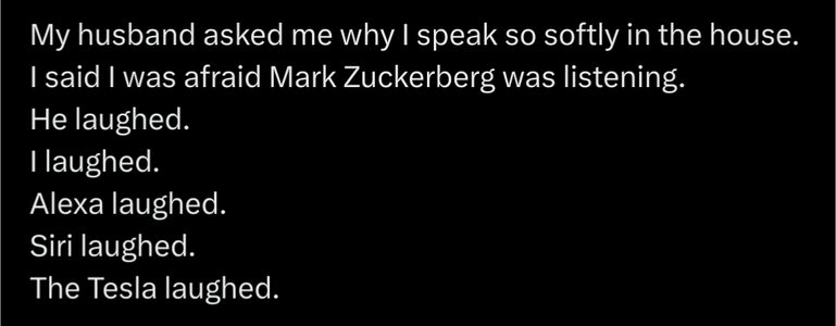 My husband asked me why I speak so softly in the house.
I said I was afraid Mark Zuckerberg was listening.
He laugh. I laugh. Alexa laughed. Siri laughed. The Tesla laughed.