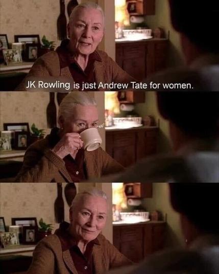 Three-panel meme of an older woman talking to a younger man at a kitchen table. In the first panel, she says, “JK Rowling is just Andrew Tate for women.” In the second, she sips from a teacup. In the third, she looks on calmly, suggesting a mic-drop moment.