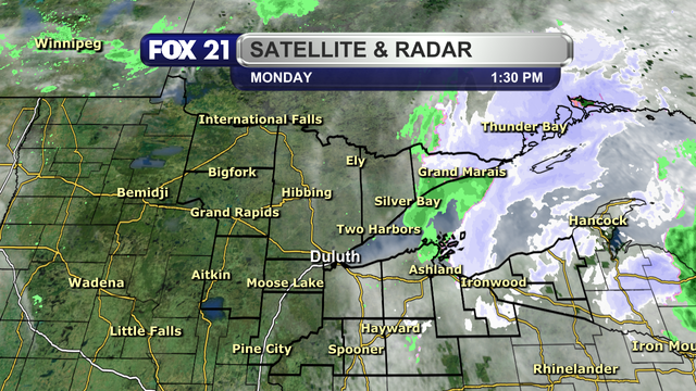 The satellite and radar over the Northland at 1:30 p.m. on Monday, April 21, 2025, shows snow and rain showers over the tip of the Arrowhead, the Bayfield Peninsula, and the South Shore snowbelt regions.  They should be out of these areas by late afternoon.  Skies are beginning to clear of cloud cover over the the western half of the region.