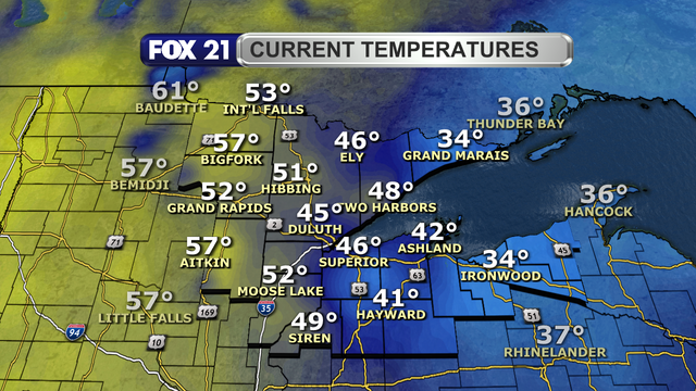 Temperatures in the Northland just after 1 p.m. on April 21, 2025, range from 34 to 57 degrees Fahrenheit.  They are warming up from east to west across the region.