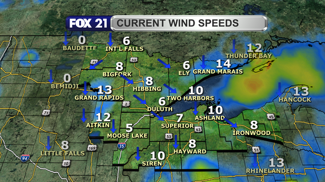 Wind speeds in the Northland just after 1 p.m. on April 21, 2025, range from 5 to 14 mph.  Wind direction is primarily from the north and northwest.