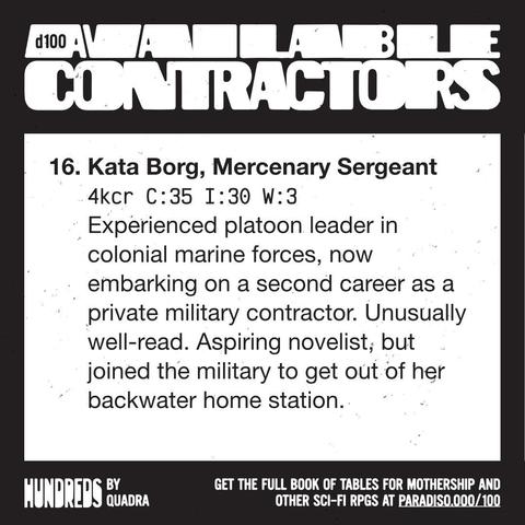 16. Kata Borg, Mercenary Sergeant
4kcr C:35 I:30 W:3
Experienced platoon leader in colonial marine forces, now embarking on a second career as a private military contractor. Unusually well-read. Aspiring novelist, but joined the military to get out of her backwater home station.