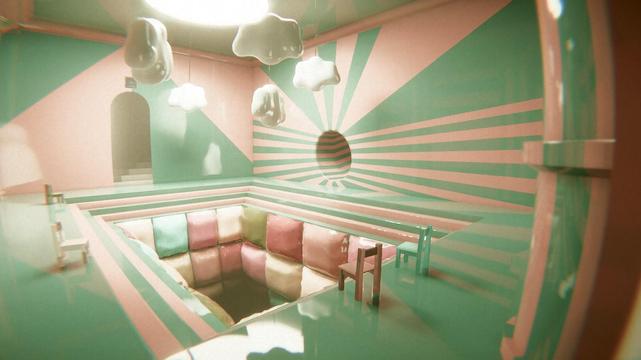 A glossy pink and green area with puffy ceramic clouds, tiny chairs, and a tiled abyss that leads to somewhere you really wouldn't want to be.  A hole in the middle of the pink and green wall leads off enticingly.