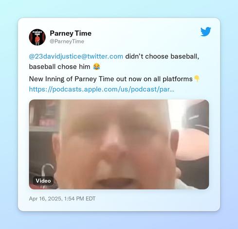 @23davidjustice didn’t choose baseball, baseball chose him 😂 

New Inning of Parney Time out now on all platforms👇
https://t.co/3kUf69jwCq https://t.co/OBVN5bLCCa