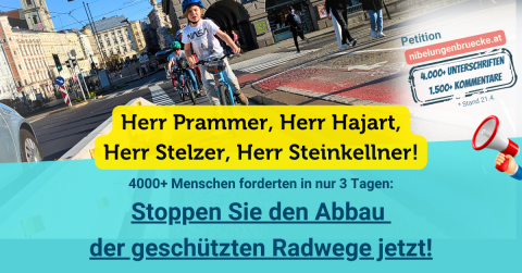 Aufforderung an Prammer, Hajart, Stelzer, Steinkellner: Stoppen sie den Abbau der geschützen Radwege jetzt! Im Sujet ist ein Kind zu sehen das die neuen Radwege auf der Nibelungenbrücke benutzt.