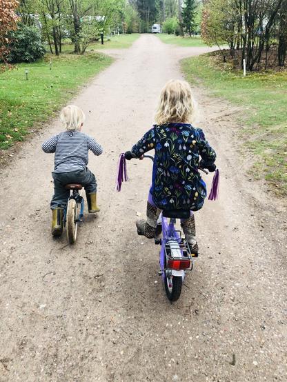 Two blonde kids seen from behind, both on bikes. The left one is a 2 year old on a balance bike without pedals and the right one is a 5 year old on a pre-schooler’s bike without trainers. They’re riding away from the camera on a sandy path, surrounded by grass and trees.