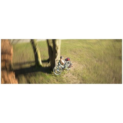 Picture of a person with they're bicycle sitting at a tree. The camera was rotated during exposure resulting in a circular effect.