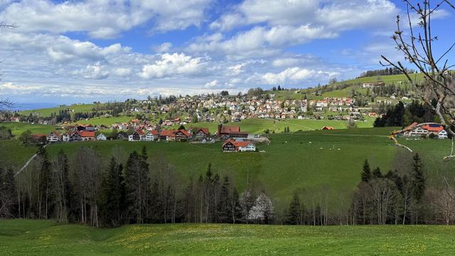 appenzeller häuser auf den grünen hügelrücken