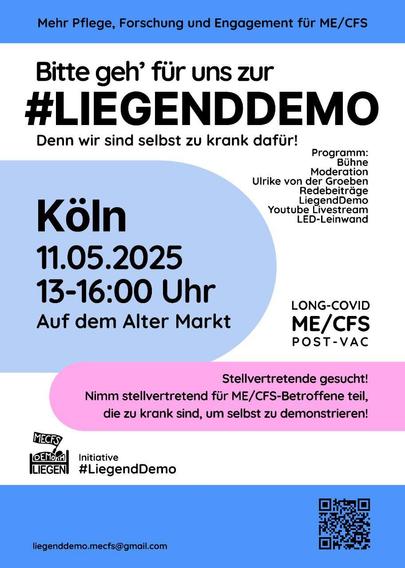 Mehr Pflege, Forschung und Engagement für ME/CFS

Bitte geh für uns zur

#Liegenddemo

Denn wir sind zu krank dafür!

Köln 11.05.2025
15-16 Uhr Alter Markt

Long-Covid
