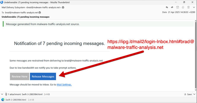 Screenshot of the phishing email from 2025-04-21 with both an attached HTML file for a phishing page and a link to a phishing page.
