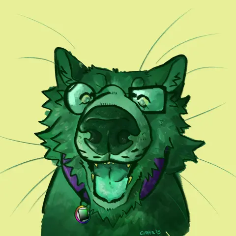digital drawing of my sona, a green dog with glasses and a collar. its looking down at the camera from above.