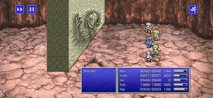 The party of four adventurers stand before a rickety gate, which is guarded by a monster. The main character is in the forefront, wielding a sword, while his companions have various weapons as well. They face a challenging battle ahead.