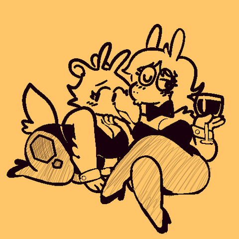 choocan and sofia in playboy bunny suits, sofia holding a glass of wine and smooching choocan on the beak