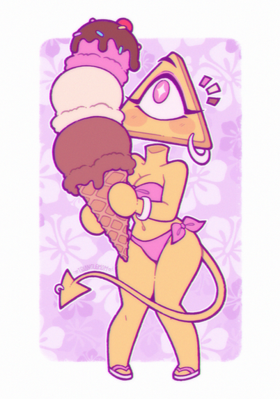 An illustration of a triangle object-headed character in a chibi style. She's wearing a two-piece pink swimsuit with sandals, white hoop earrings and a matching white bracelet. She has a surprised expression as she looks up at the large neapolitan ice cream cone in her hands. The background is light purple with a hibiscus pattern on it.
