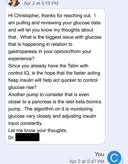 A text message conversation discussing glucose management and insulin options for a patient with gastroparesis. One participant shares insights about glucose data and inquiries about the effectiveness of a specific insulin and pump technology.