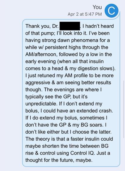 The image is a screenshot of a text conversation discussing diabetes management. The text includes details about insulin pump options, challenges with blood glucose levels during different times of the day, and strategies for better control using adjustable profiles and insulin types.