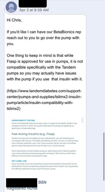 A screenshot of an email discussing insulin pump compatibility, specifically noting that Fiasp is not compatible with Tandem pumps. The message suggests contacting a BetaBionics representative for further assistance. It includes a URL for more information.
